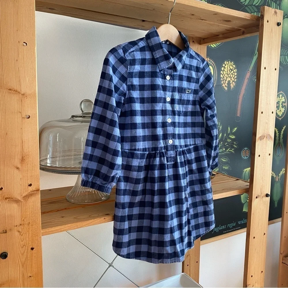 Vineyard Vine Blue Lighthouse Gingham Plaid Flannel Shirt Dress 4t